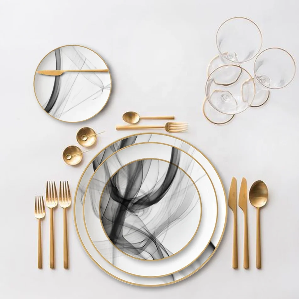 

Restaurant Hotel Home Gold Rim Grey Marble Dinner Plate Round Ceramic Dishes