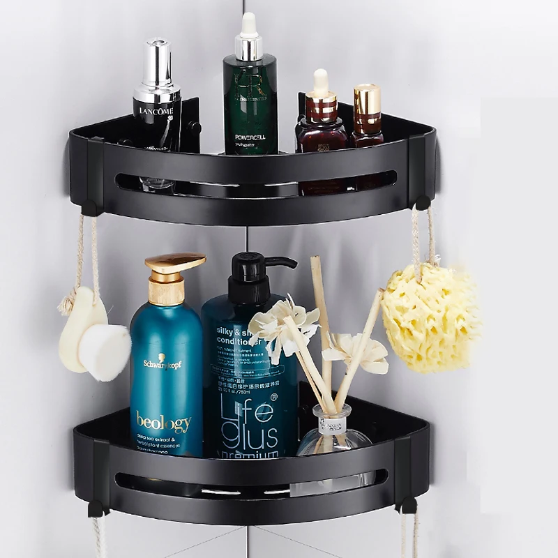 

Wall Mounted Corner Hanging holder Aluminum Alloy Triangle Rack Bathroom Double Tier Shelf, Black