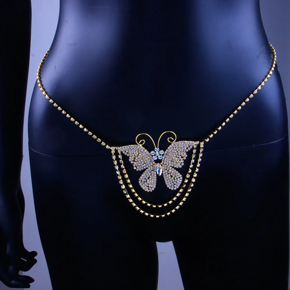 

Women Butterfly Sexy Bikini Beach Diamond Body Chain Jewelry Rhinestone Belly Waist Chain (KW025), Silver