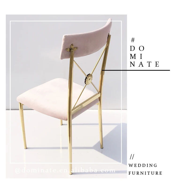 Pink Velvet Cushion Gold Stainless Steel Frame Cross Back Wedding Chair