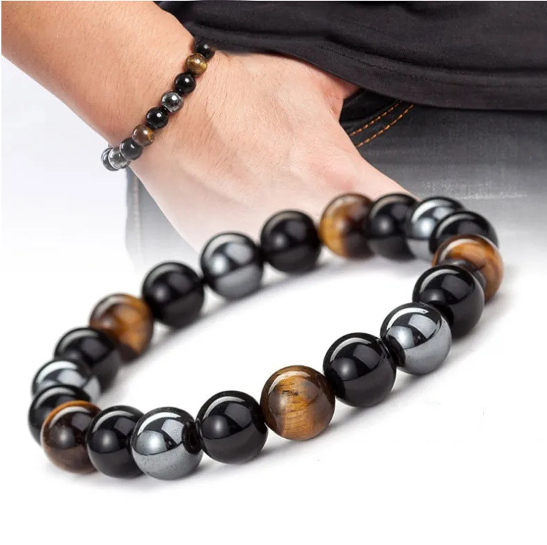 

gemstone black obsidian hematite  healing energy magnetic mens tiger eye crystals stone triple protection bead bracelet