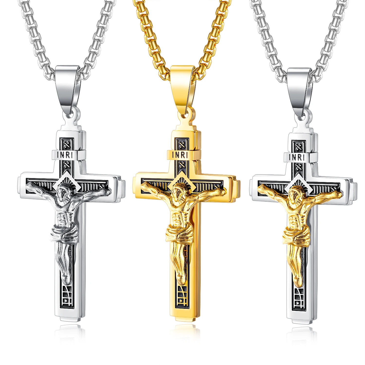 

Wholesale Christian Jewelry Gold Plated Stainless Steel INRI Jesus Crucifix Cross Necklaces Pendants for Men 21.6'' Chain, Silver, gold