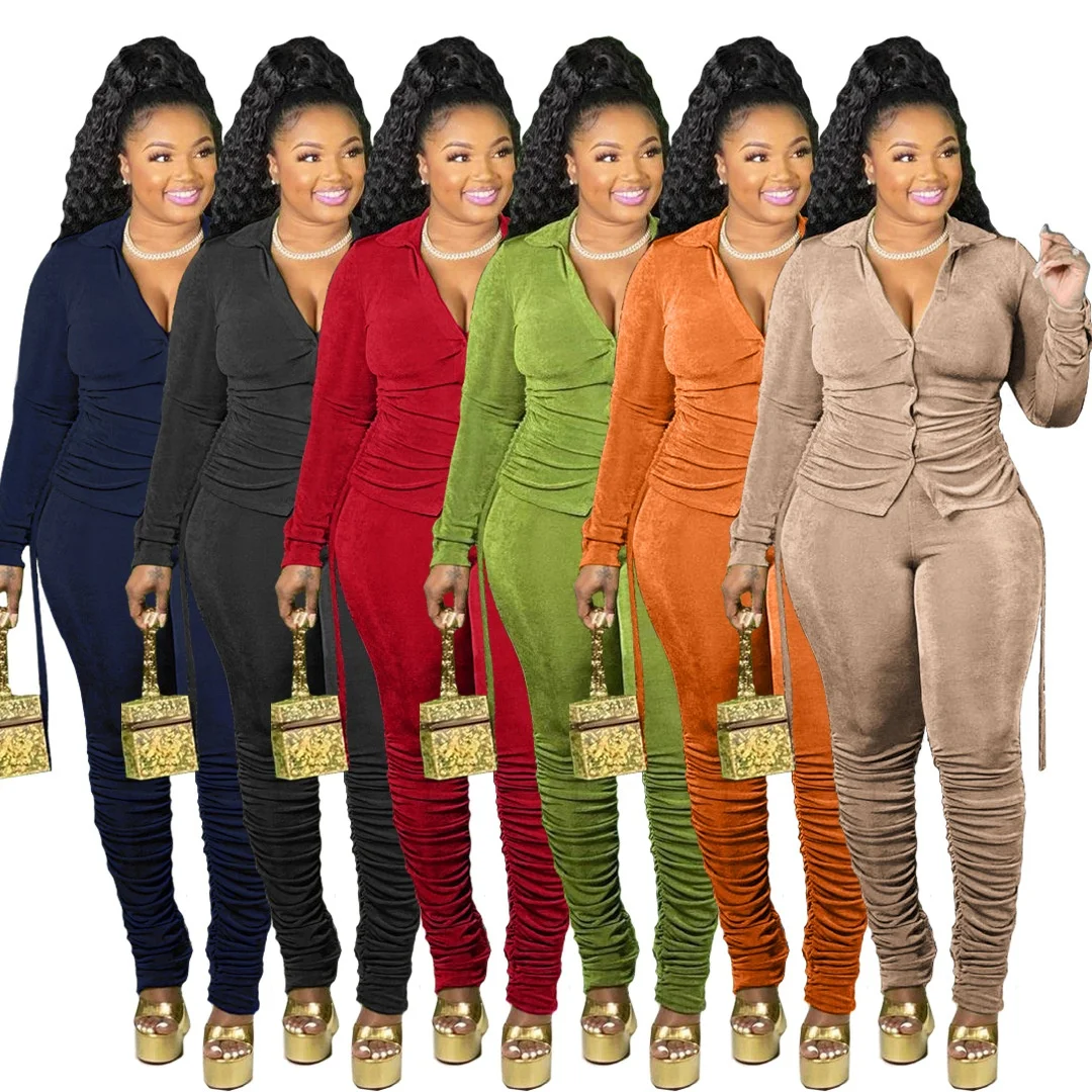 

Velvet Spring Set For Women 2022 Drawstring Blouse Stacked Pants 2 Piece Outfits V Neck Skinny Sexy Suits