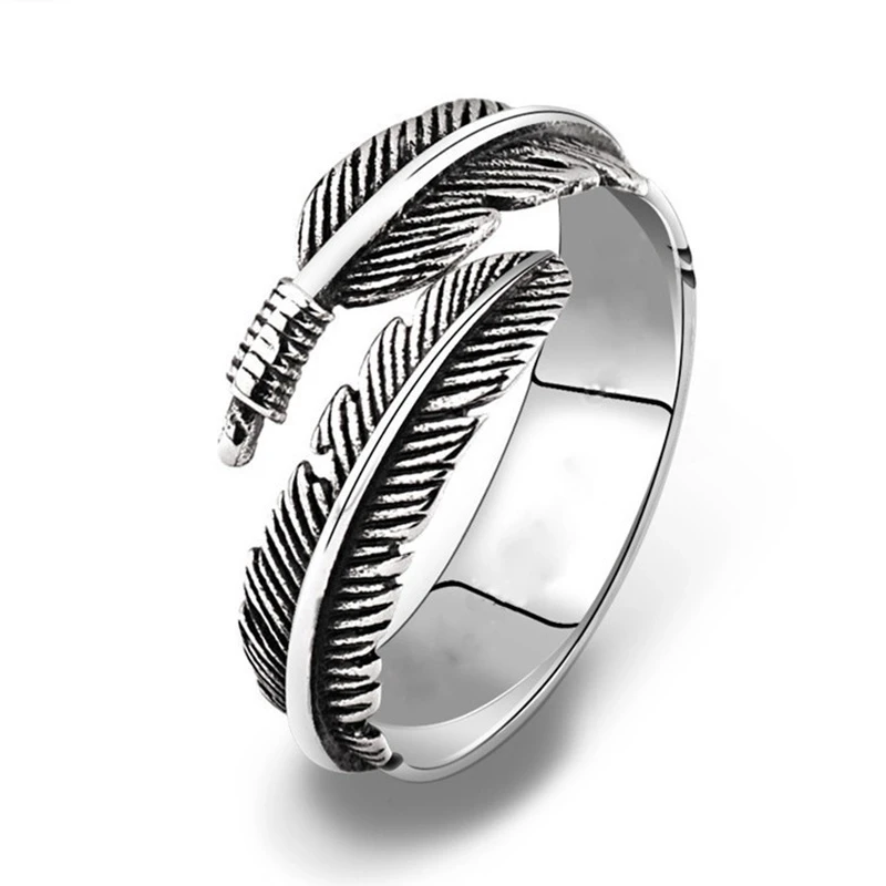 

Exquisite Resizable Men Vintage Retro Adjustable Feather Ring Fashion Adjustable Brass Silver Plated Leaf Finger Ring, Custom