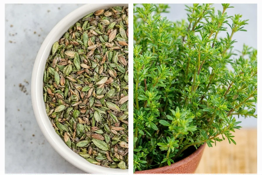Fresh thyme sprigs on wooden surface