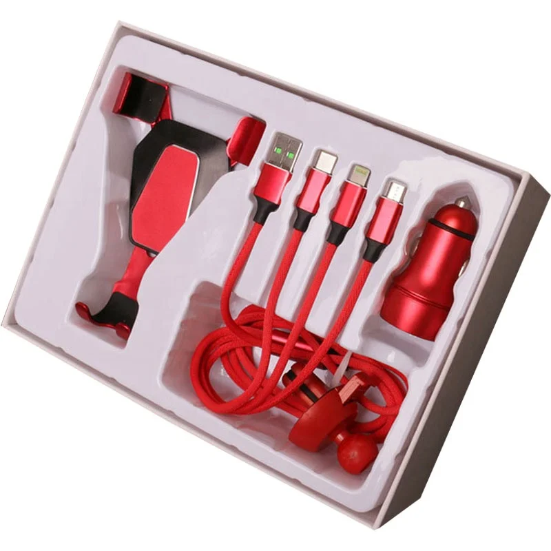 

2020 travel mobile phone charger gift set with custom packing box for 3 in 1 usb cable, phone charger and car charger, Red & black