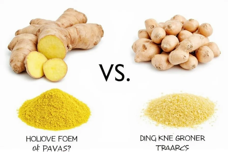 Step-by-step process of converting fresh ginger root to ground ginger powder showing peeling, slicing, drying, and grinding stages