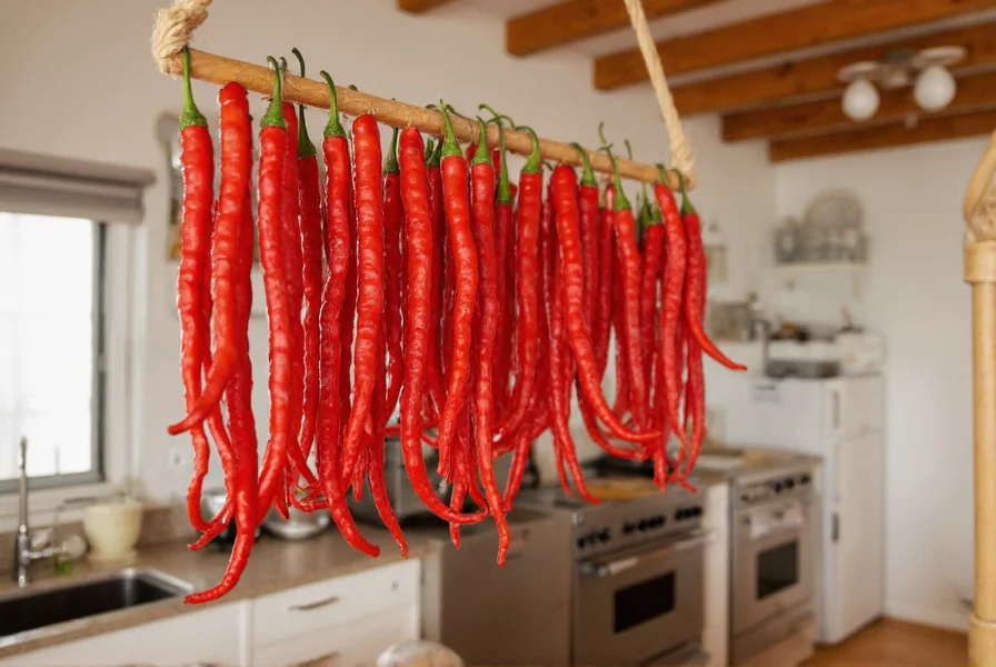 String of red cayenne peppers hung vertically for air drying in a well-ventilated kitchen