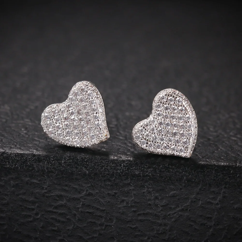 

100% 925 Sterling Silver Luxury Heart Shape Earrings Full Cubic Zircon Stud Earrings Trendy Top Quality Women Exquisite Jewelry, Customized color