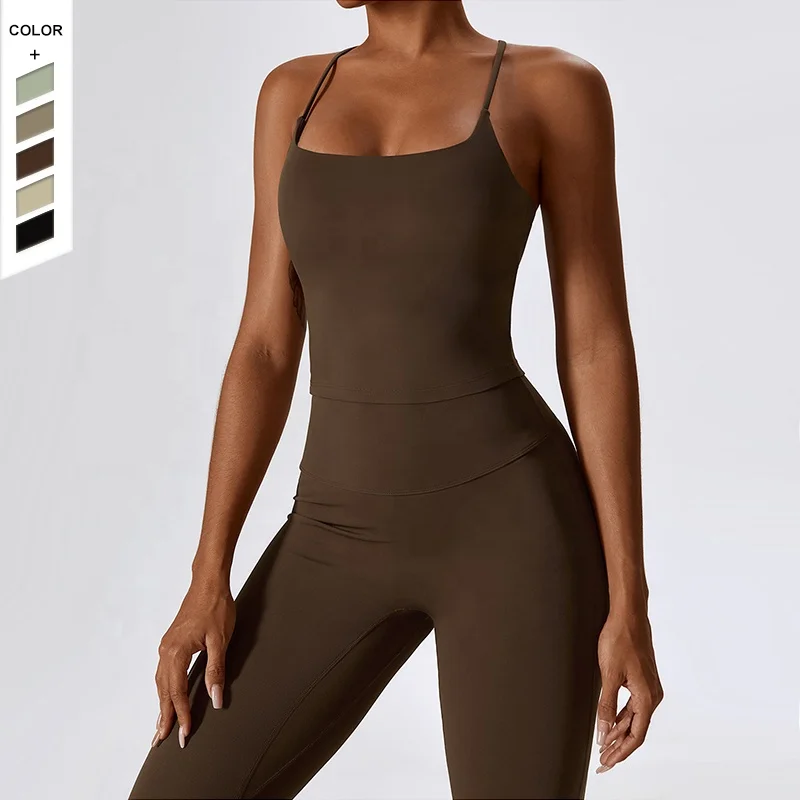 In Stock Softness Skin Friendly Sports Set Thin Shoulder Strap Tank Top Scrunch Butt Pants Yoga Two Piece Set
