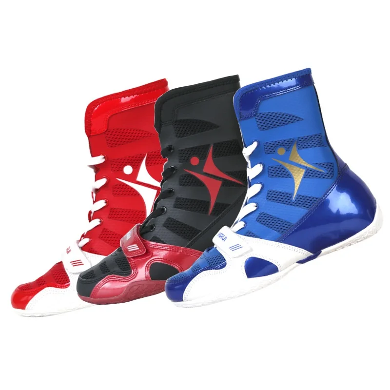 

Custom Band Logo Wrestling Shoes Wrestling Boots Combat Fighting Freestyle Custom Boxing Shoes Box Cotton Fabric Men, Red blue black