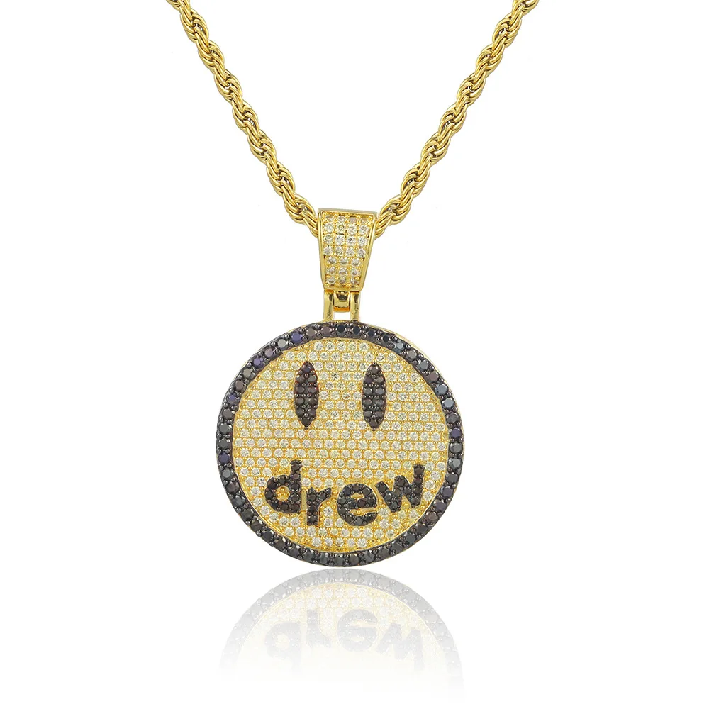 

2020 Fashionable Bling Bling Hip Hop Drew Smile Face Round Pendant Zircon Necklace Jewelry, As picture