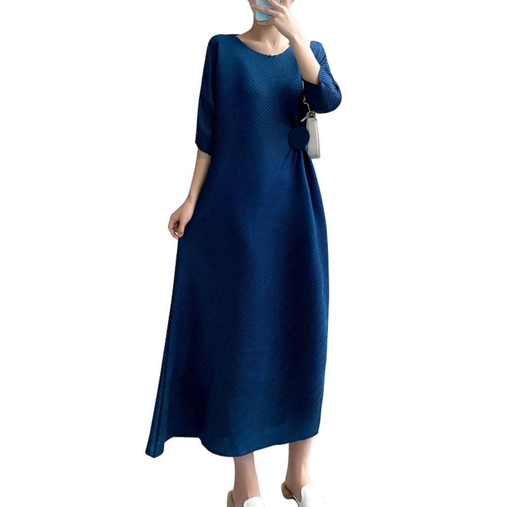 

FXZ Miyake pleated 2021 new summer loose Japanese solid color women casual long dress, Customized color