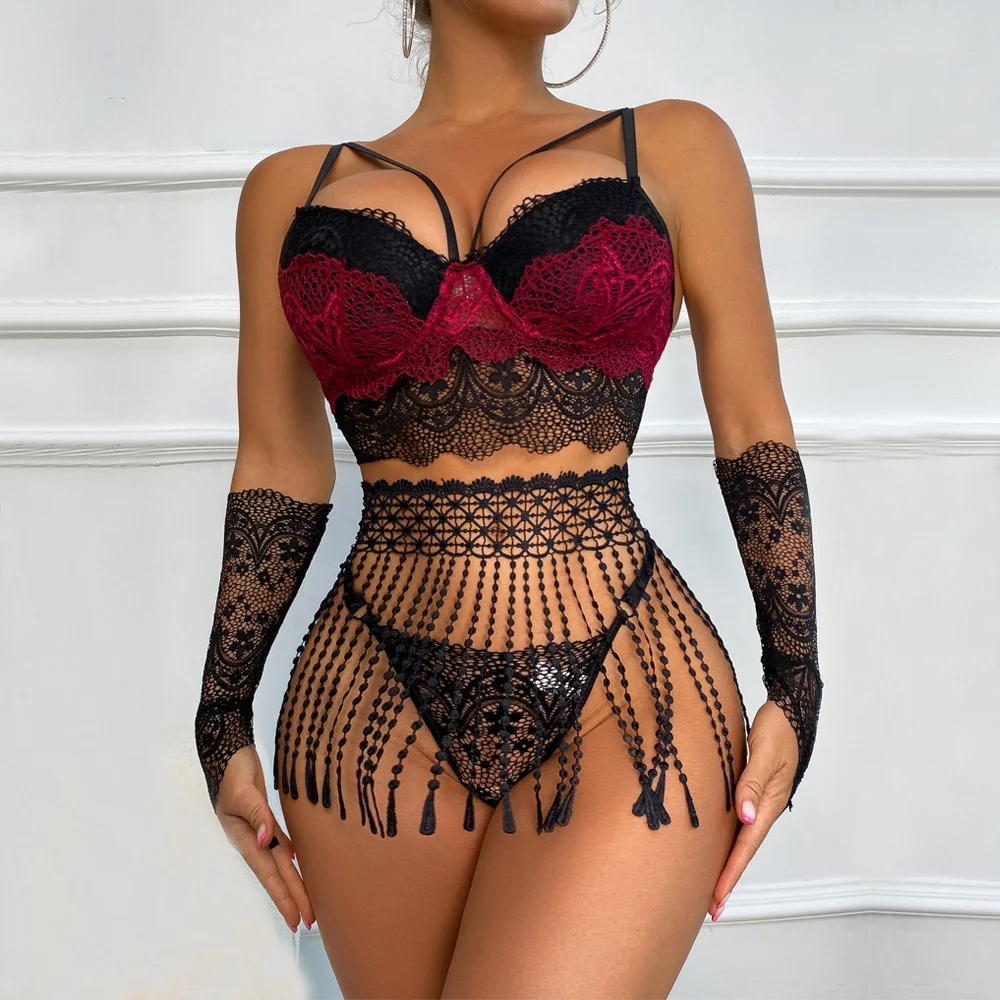 

sfy1271 high quality women 4-piece lace embroidery lingerie set bra thong tassels lace Sleeve lingerie set erotic underwear set