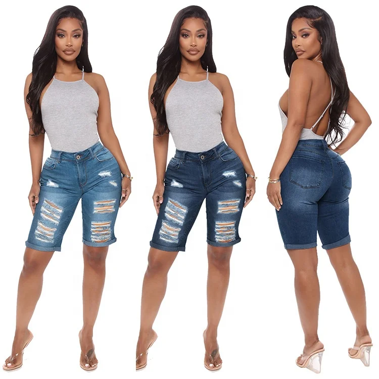 

LW-1945-01 Plus size women high waist ripped design short summer denim shorts, As picture or customized make