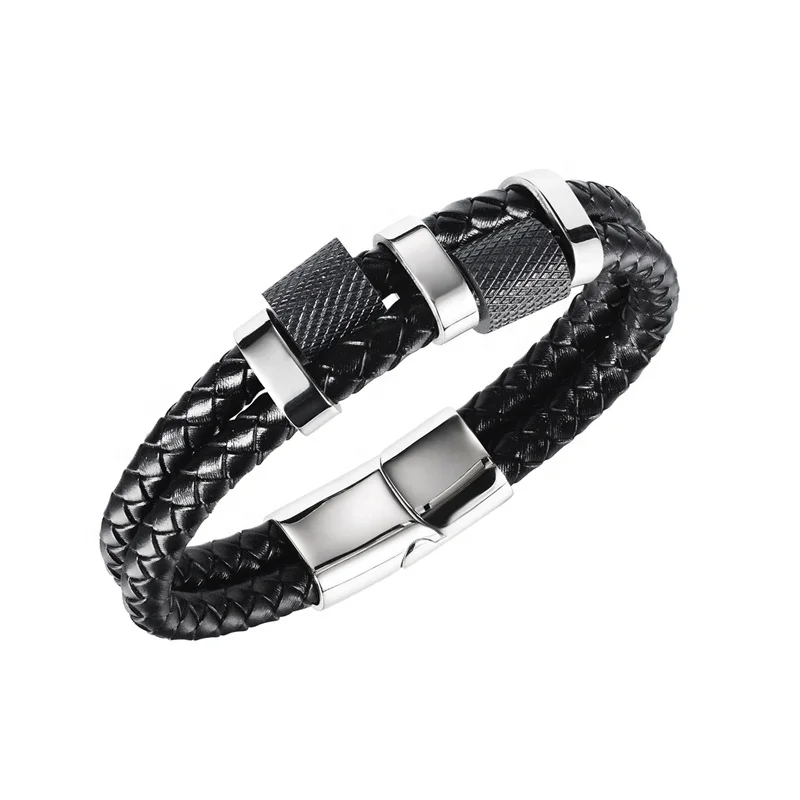 

2021 new 11mm cuff male leather bracelet stainless steel beaded fashion high quality bracelet for men, Black;silver