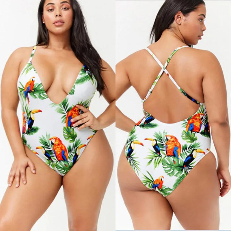 

Hot Selling Bodysuit Swimwear Cross One Piece V Neck Tropical Leaves Bathing Suits Women Swimsuit Plus Size