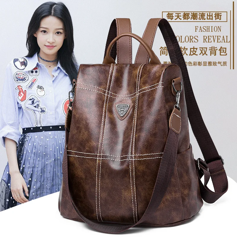 

Bag Stitched Korean Version Pu Leather Outdoor Travel Anti-theft Schoolbag Customization Backpack Ladies, Black, brown