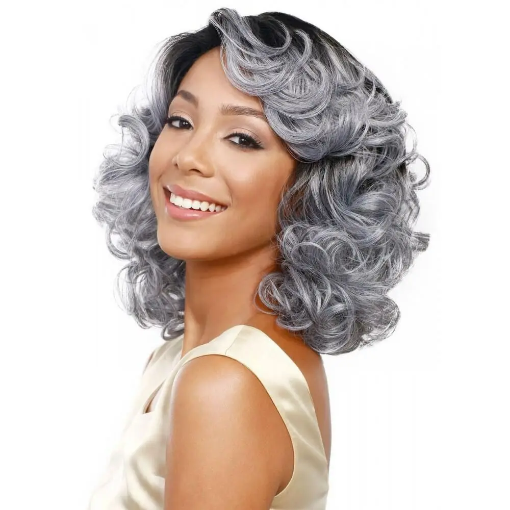 

Ombre 1b/grey machine made middle part cheap short silky wavy bob wigs medium length for women