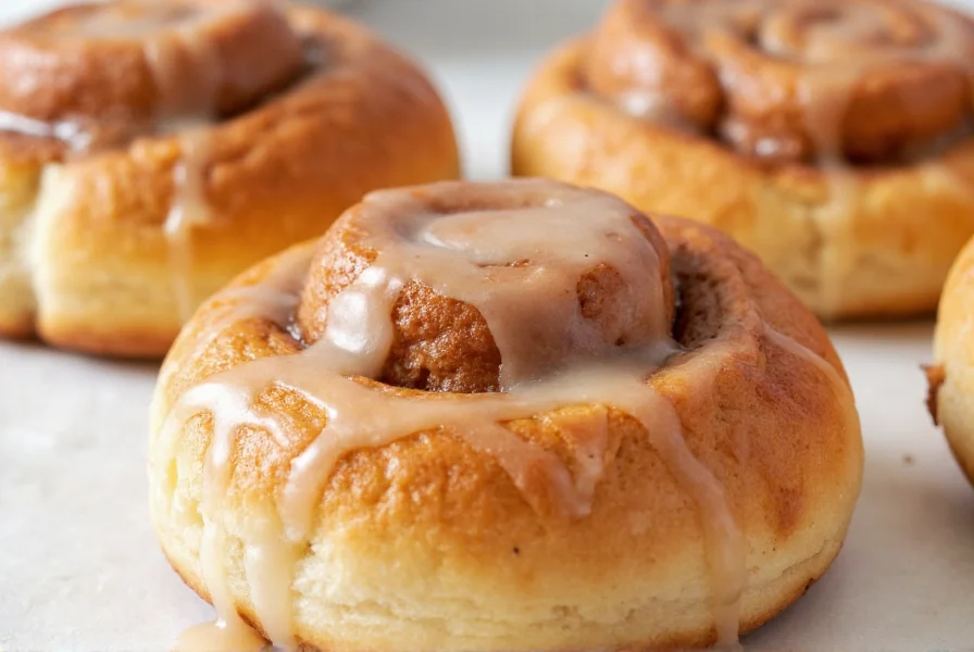 Perfectly baked bisquick cinnamon buns with melted glaze drizzled on top