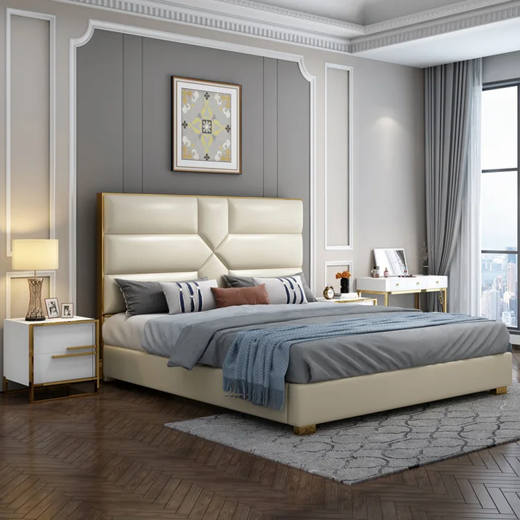 Modern Luxury Bedroom Furniture Upholstered Real Leather Italian Bed