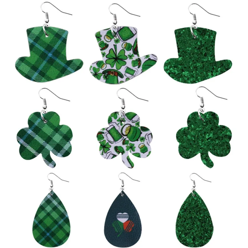 

2020 Saint Patrick's Day Green Faux Leather Earrings Hoop Teardrop Leaf Drop, Clover , Hat Pendant Earring Gift for Charm Women, As the picturs
