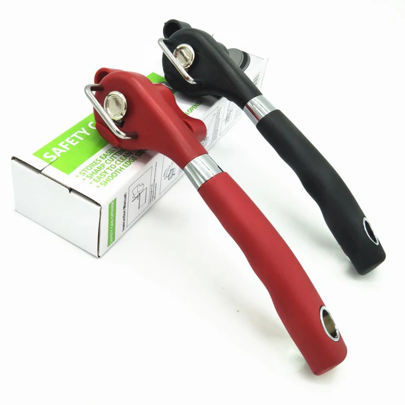 

EE085 Kitchen Stainless Steel Black Smooth Edge Cutting Anti Slip Handles Safety Cutter Handheld Jar Opener Manual Can Opener, Black, red