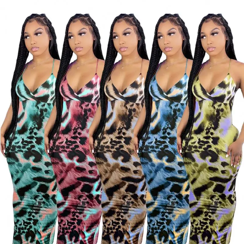 

2021 club maxi dress Sling V-neck Printed Dress Fashion Sleeveless Open Back bodycon Dress