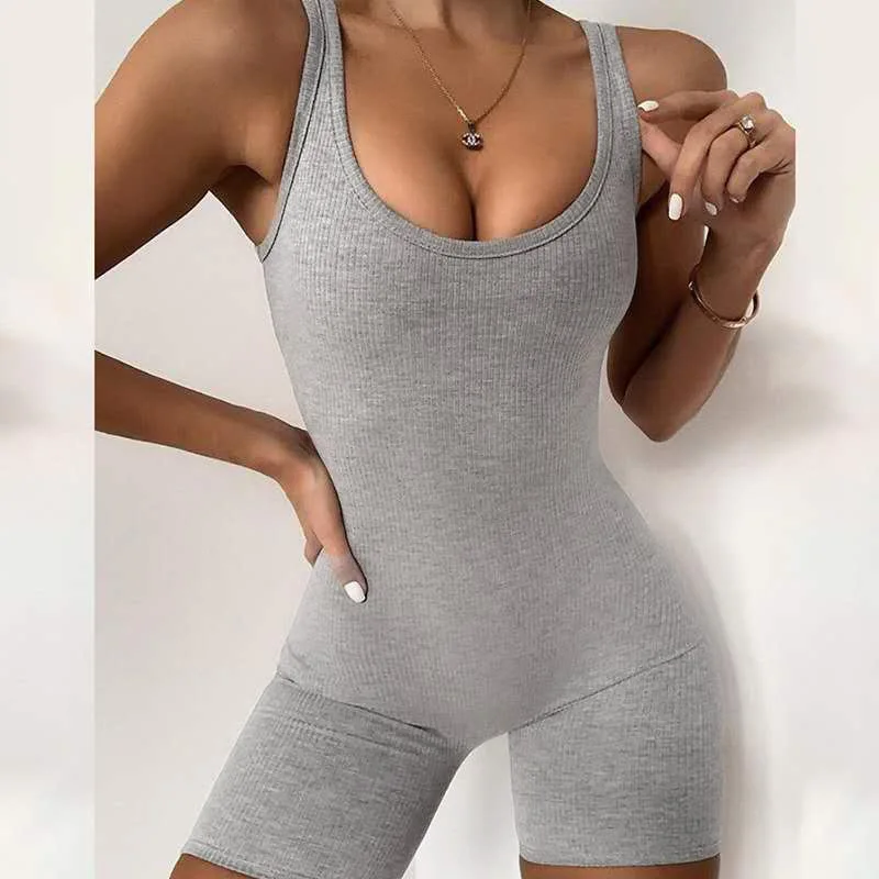 

Sport Plain Cotton Trendy Ribbed One Piece Bodycon Womens Jumpsuits And Rompers Sexy
