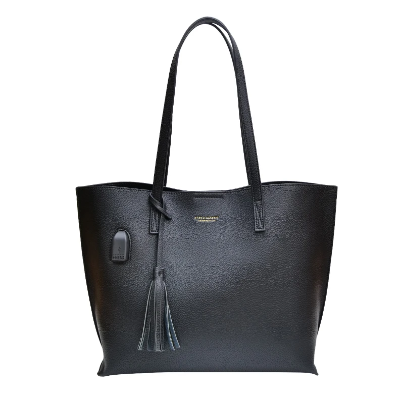 

Quilted USB Laptop Top Handle Satchel Handbag Large PU Leather Strap Zip Closure Shoulder Shopping Tote Bag Bolsos De Mujer, Black