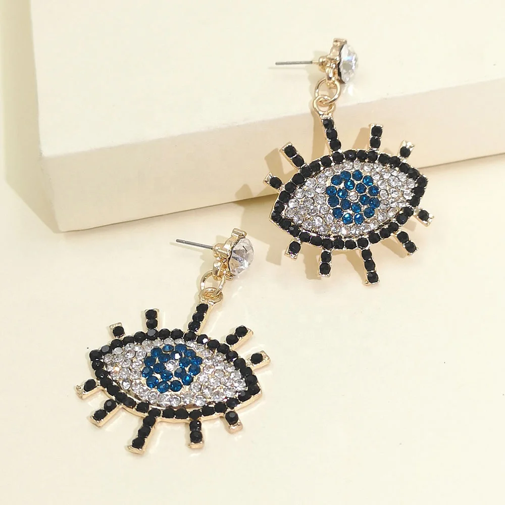 

New Design Female Devil's Eyes Dangle Drop Earrings Fashion Creative Evil Eyes Colorful Rhinestone Pendant Earrings For Women, Silver color