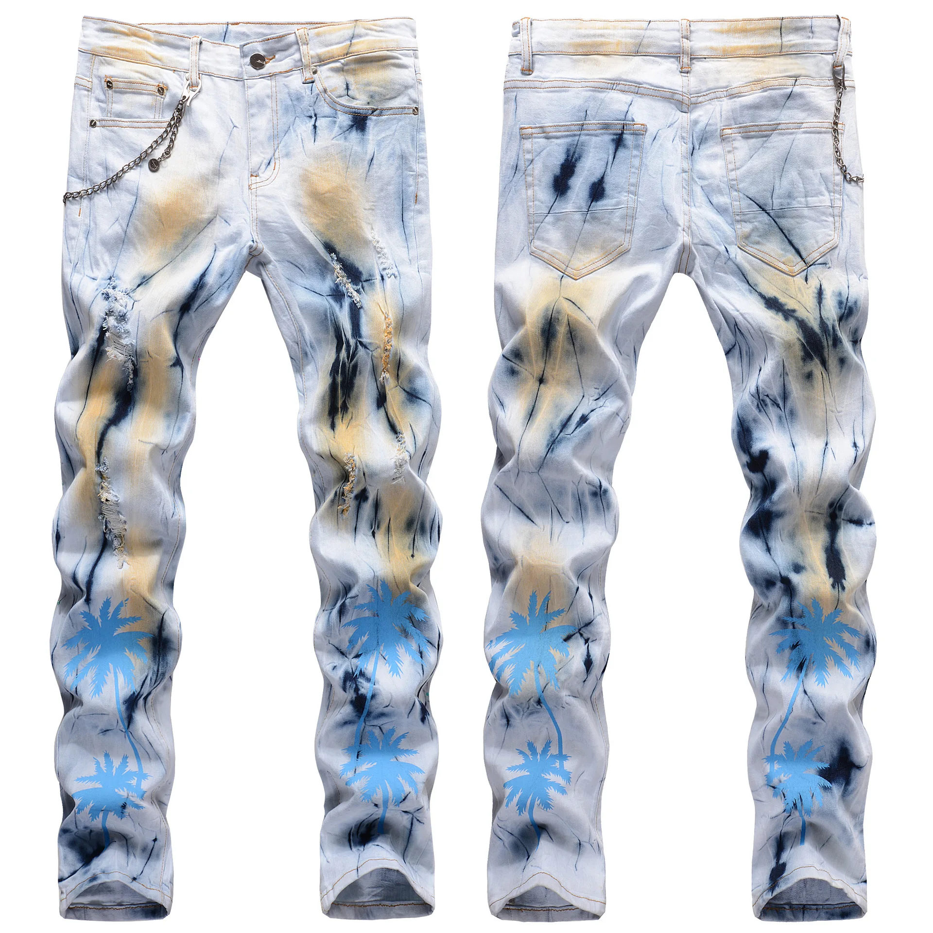 

New stylish design men hand-painted multicolor coconut stretch slim jeans with chains for men