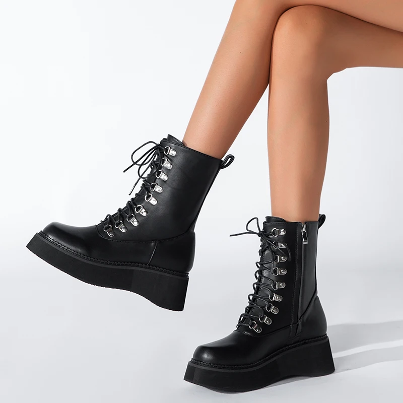 

fast delivery Chunky Heel Ankle Boots leather boots platform Female Motorcycle Shoes Women's winter boots, Black