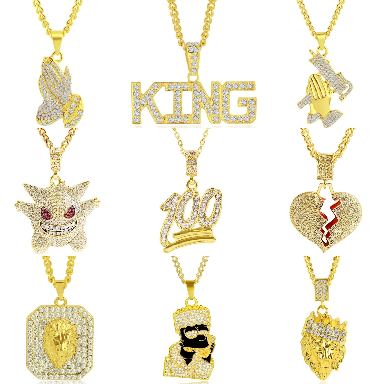 

Hot Selling Mens Hip Hop Gold Plating Chains Crystal Lion Head Gun Pendants Necklace