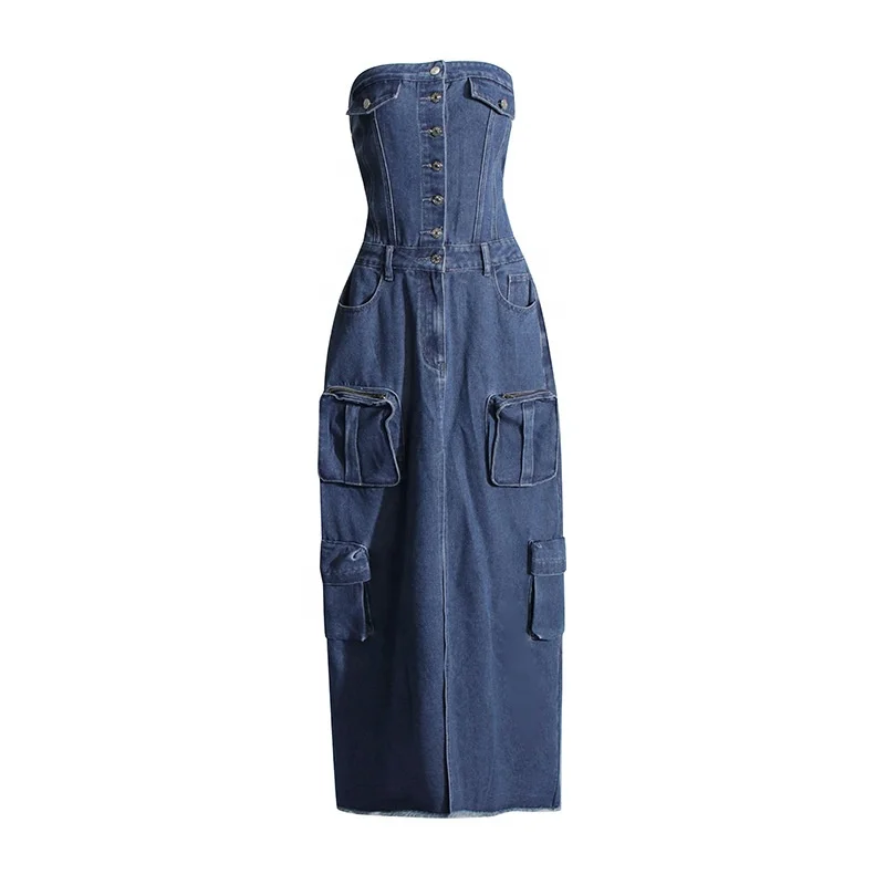 

OUDINA Hot Girl Women's Denim Dresses 2024 New Stitching Pocket Waist Slimming Tube Long Dress For Women