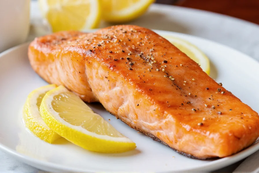 Grilled salmon fillet generously seasoned with lemon pepper on white plate with lemon slices