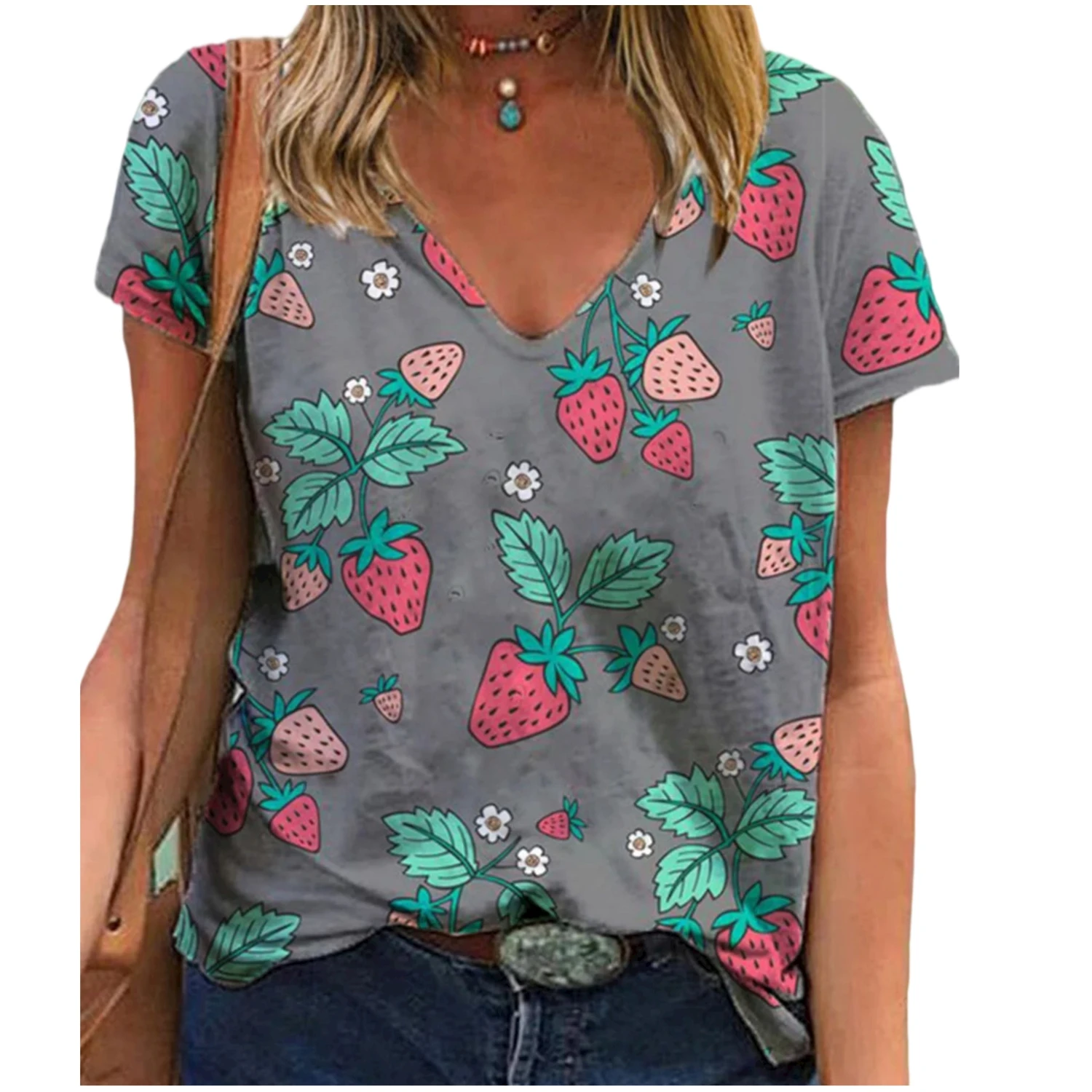 

Casual strawberry print short-sleeved V-neck T-shirt women