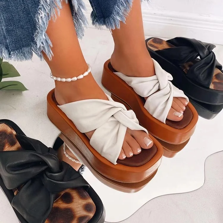 

Summer New Fashion Ladies Square Toe Slides Sandals Women Thick Platform Cross Slipper