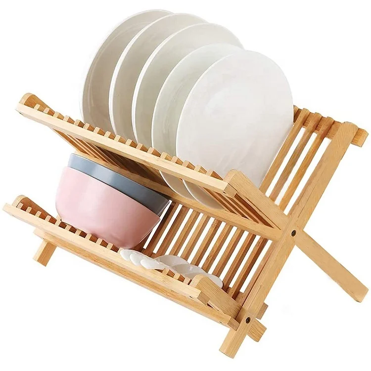 

Wholesale Kitchen 2 Tier Drainer Bamboo Foldable Collapsible Dish Drying Rack, Natural color
