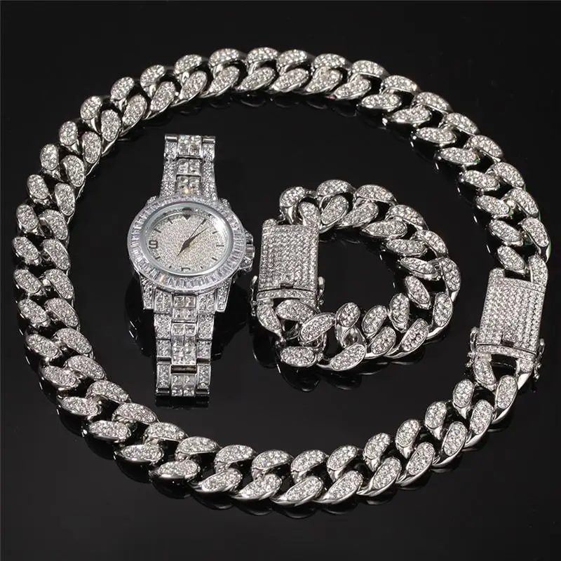 

2021 Cuban Chain Necklace Bracelet Watch Jewelry Set Iced Out Hip Hop Jewelry For Men, As the picture shown