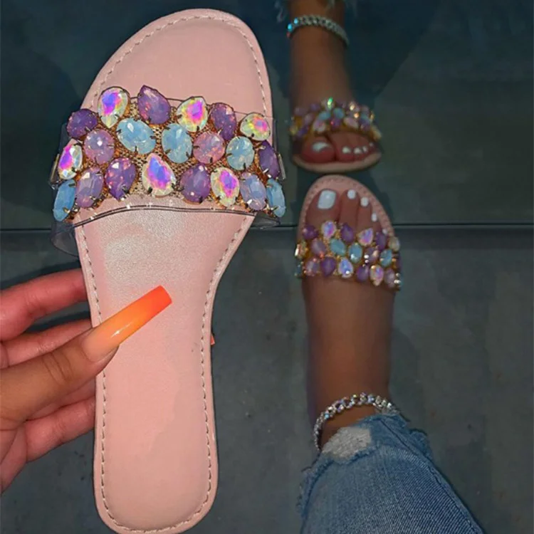 

drop shipping summer flat rhinestone slippers for women ladies slides female footwear