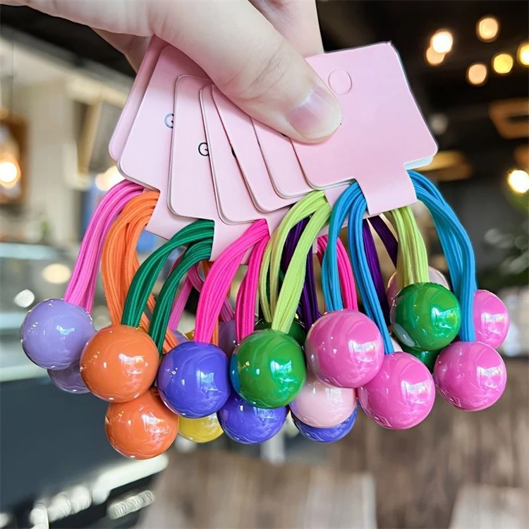 

2PCS/Set Candy colors two balls cute elastic hair bands bead decoration high ponytail holder for kids