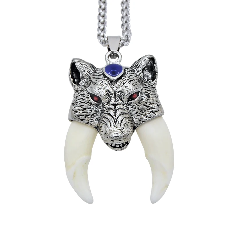 

YX002 Men's Bone Pendant Necklace Stainless Steel Necklace Amulet Fangs Choker Vintage Silver Charm Fake wolf Tooth Necklace, Ivory white
