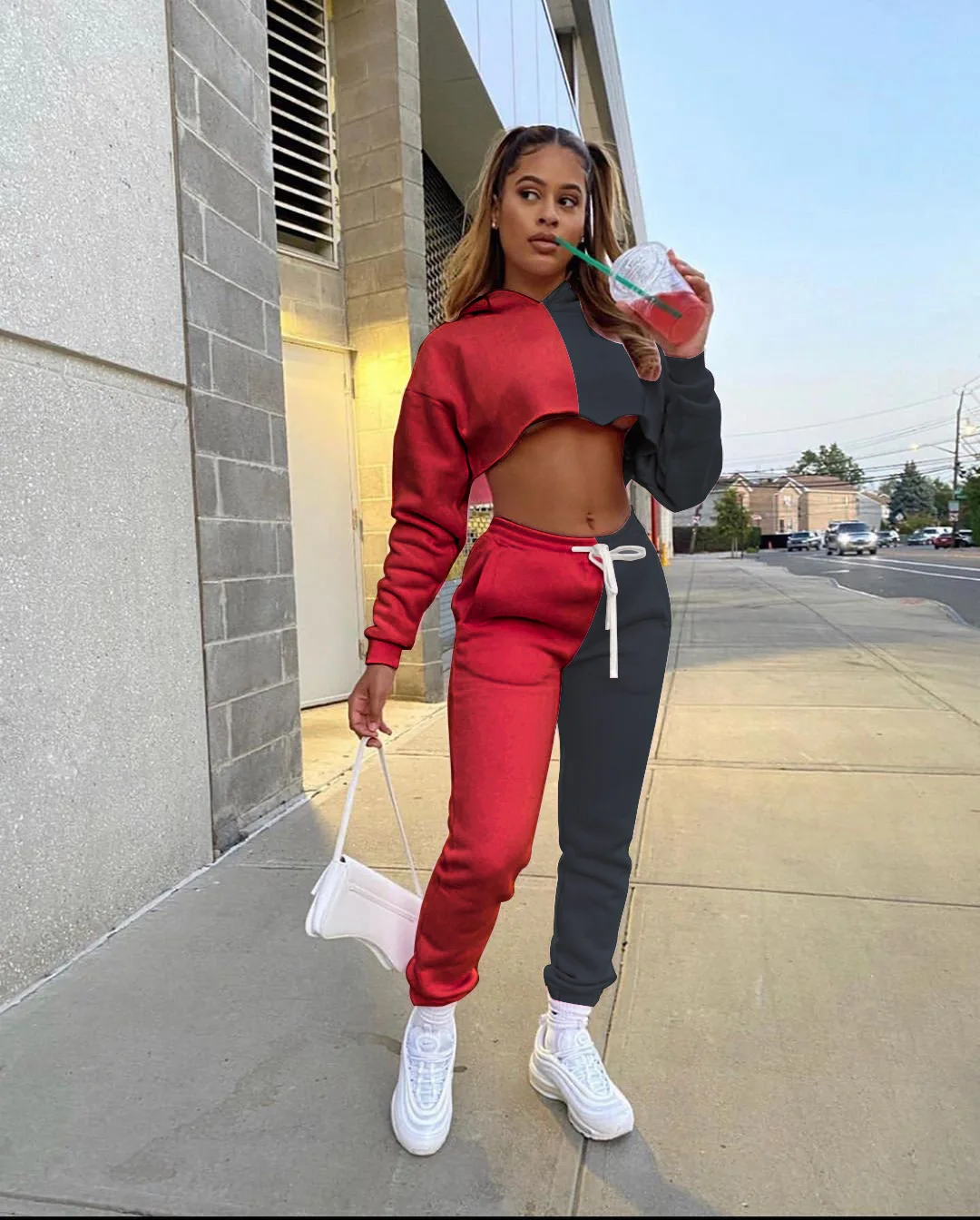 

Wholesale Casual Patchwork Crop Top Hoodie Jogger Tracksuit Set for Women, Pink+gray, red+black