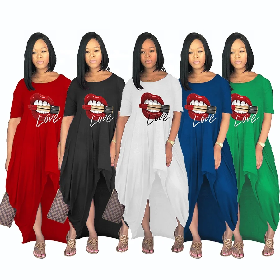 

Spot Hot Sale Plus Size Women's Clothing Fashion Offset Print Lip Split Long Skirt Dress Casual Ladies Bodycon Beach Dress, Picture color