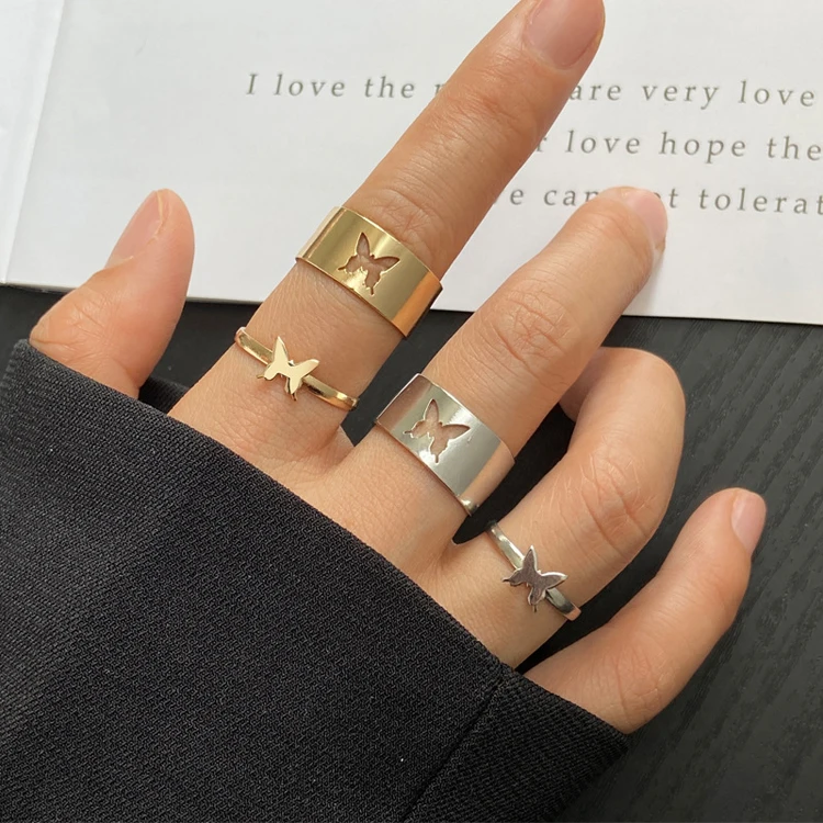 

2 piece set personality punk silver gold geometric couple ring hollow butterfly adjustable ring 2021 new