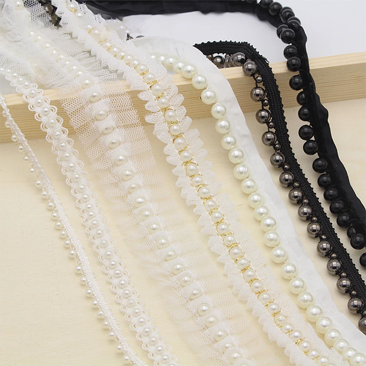 

Pearl Beaded Lace Trim Fashion Embroidery Lace Trim Ribbons Colorful Beaded Tassel Fringe For Clothes N0301, White/black