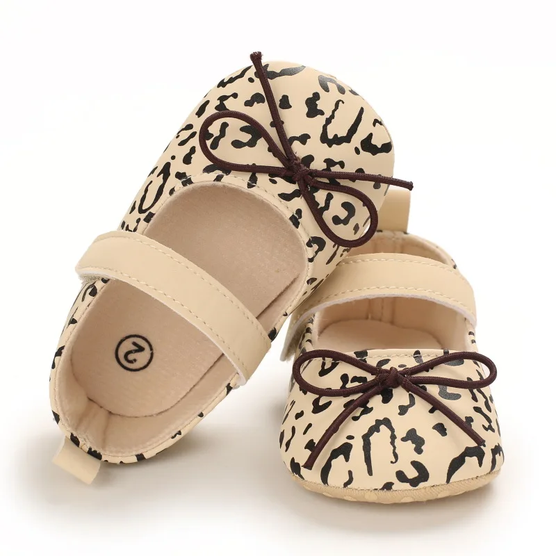 

Cute Toddler Girl Crib Newborn Baby Girls Bowknot First Walker Soft Sole Leopard Print Casual Shoes