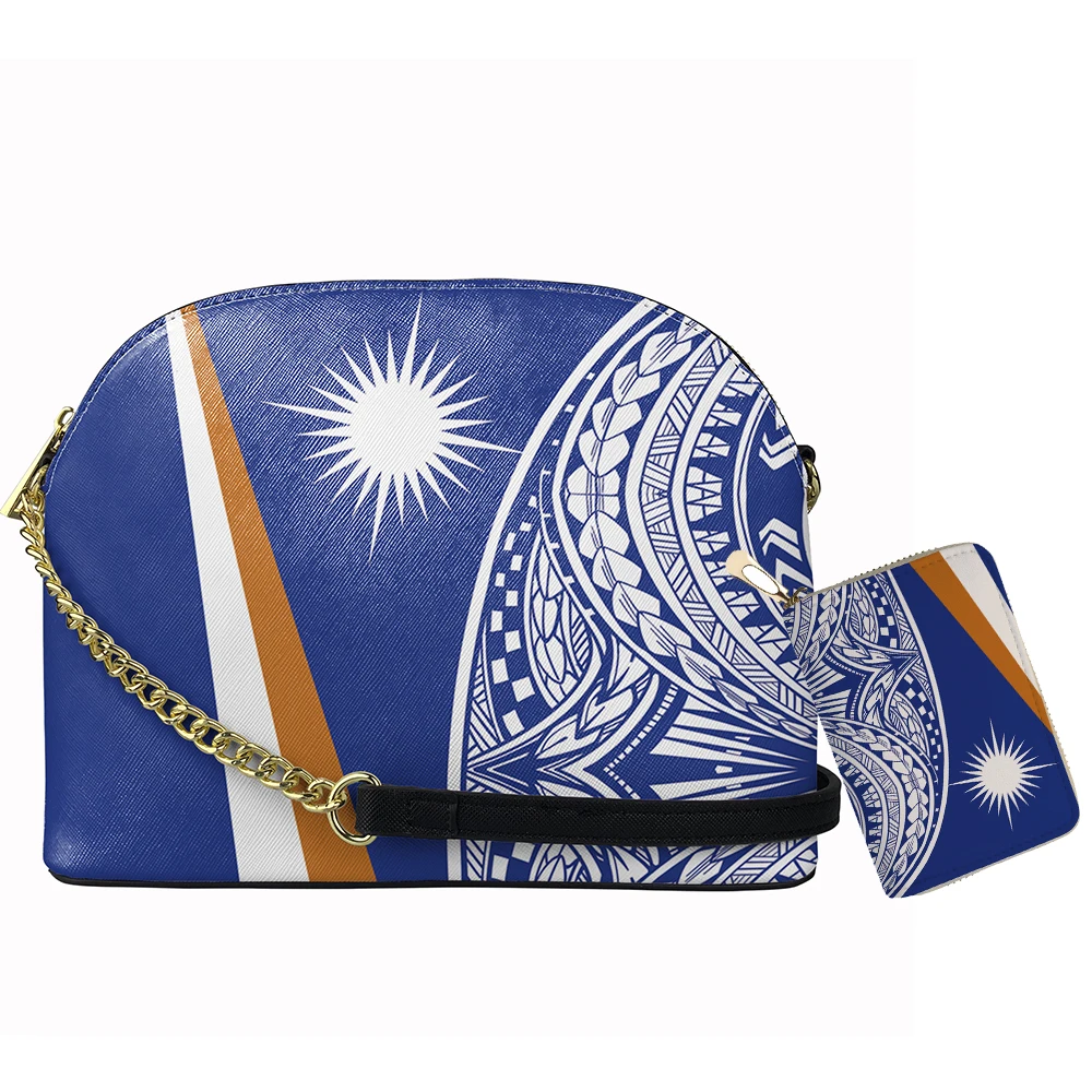 

Blue Hawaiian Polynesian Marshall Island Print Woman Shoulder Bag Set Designer Women Pu Leather Chain Shell Bag for Ladies