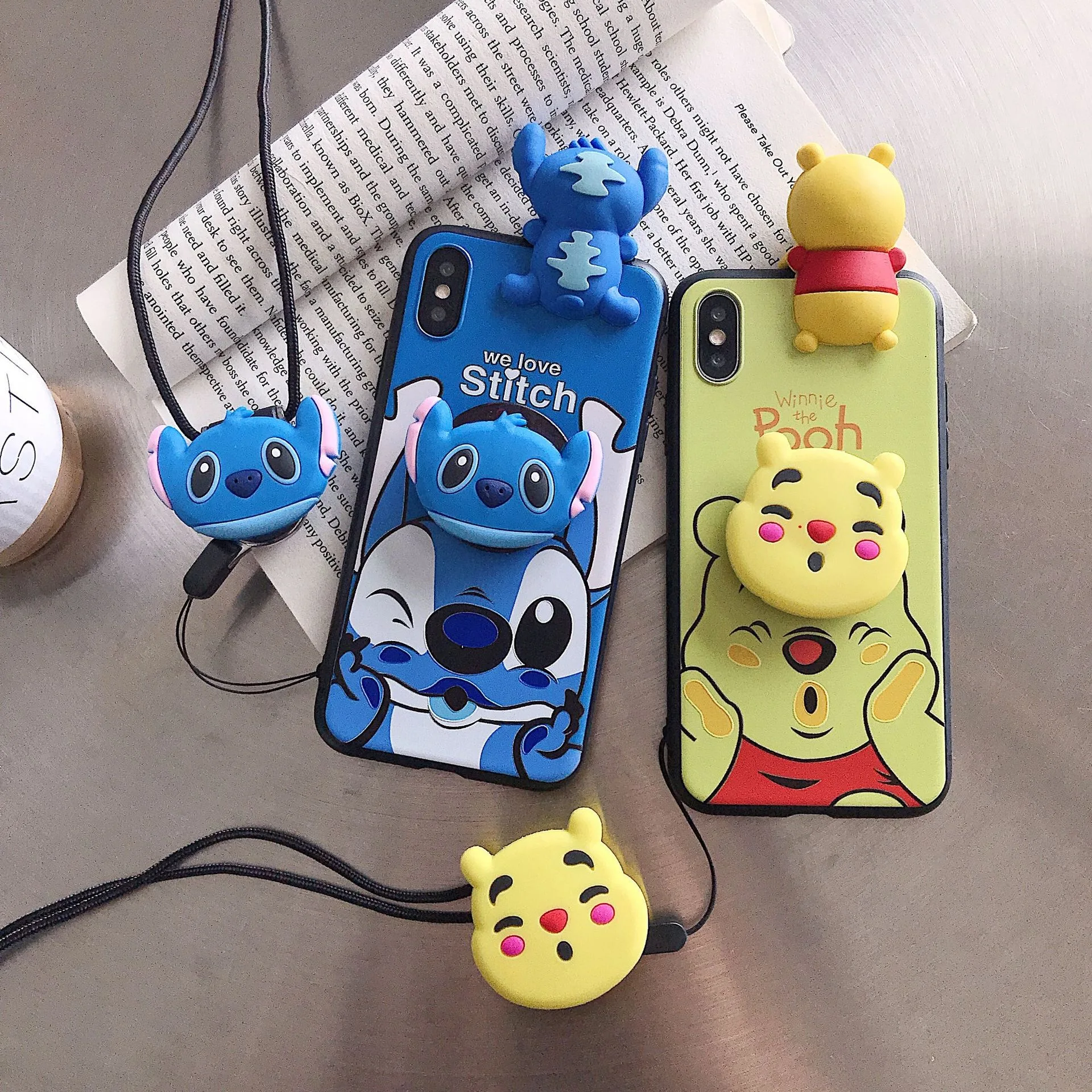 

For iPhone 11 Pro Max 11 Pro Xs X 7 8 Stitch Bear 3D Doll Holder Stand Strap Cute Soft Case